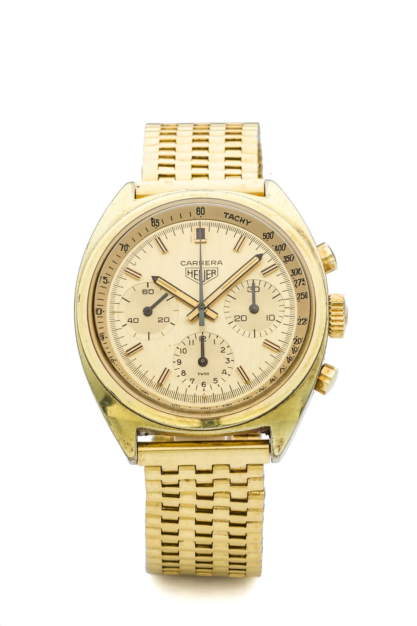 Heuer HEUER, REF. 73655, CARRERA, GOLD PLATED A fine, manual wind, gold plated chronograph wristwatch with date. kol saati