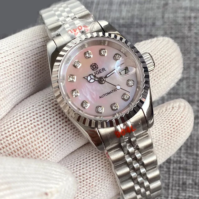 Tandorio Watch Dress Silver Rose Gold Fluted Bezel Pink MOP Diamond Dial Sapphire NH05 Aut