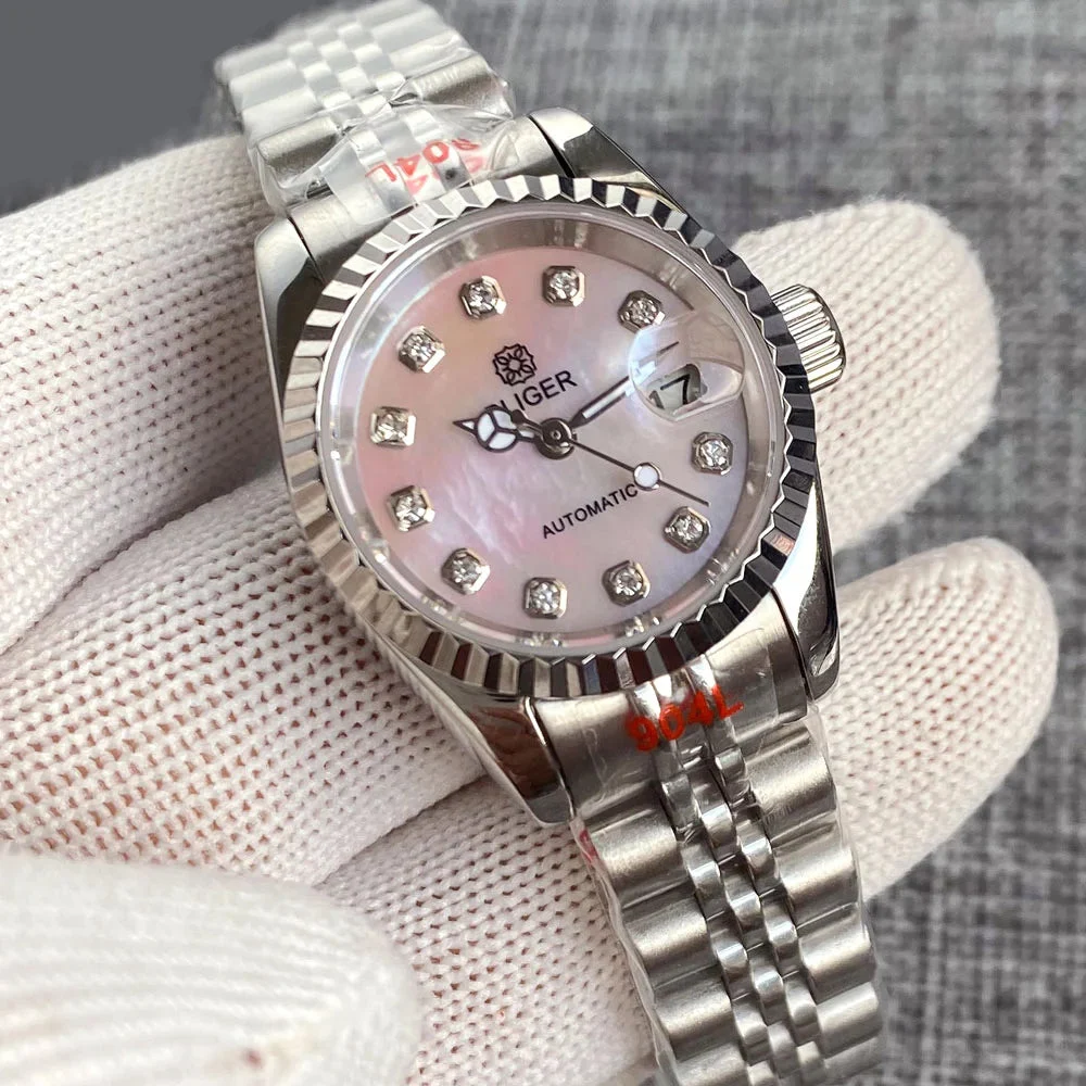 Tandorio Watch Dress Silver Rose Gold Fluted Bezel Pink MOP Diamond Dial Sapphire NH05 Automatic movement Watches for Women 1005007530923924-Yellow Gold sterile 26 mm kol saati