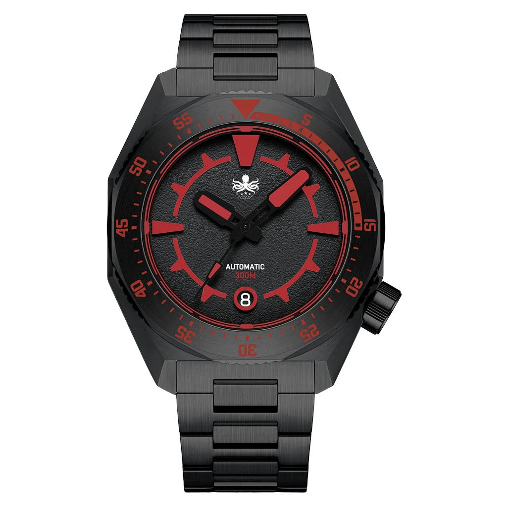 Phoibos Depth Hunter 300M Automatic DLC Diver with Black and Red Dial #PY060DX 48 mm kol saati