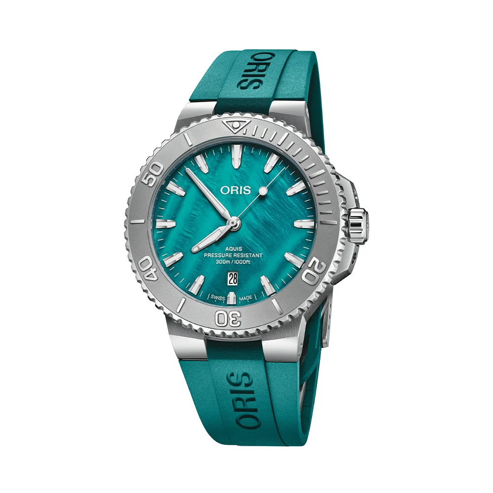 Oris New York Harbor Limited Edition II 43.5mm - Aqua Green Mother-of-Pearl on Rubber Strap w/ Additional Bracelet 733 7789 4187-Set 43.5 mm kol saati