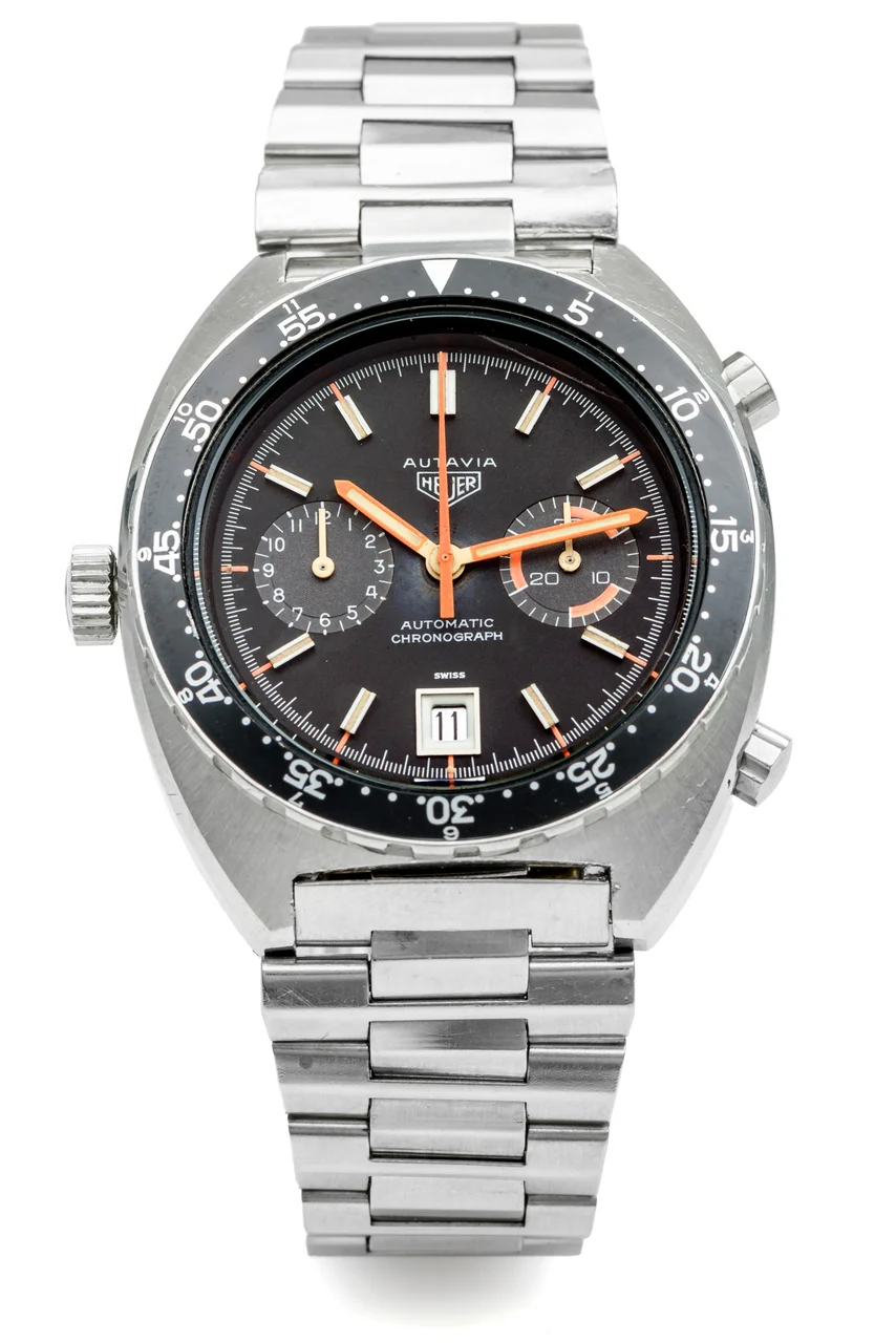 Heuer HEUER, REF. 11630MH, AUTAVIA, ORANGE BOY A very fine, attractive, self-winding, stainless steel chronograph wristwatch with date. kol saati