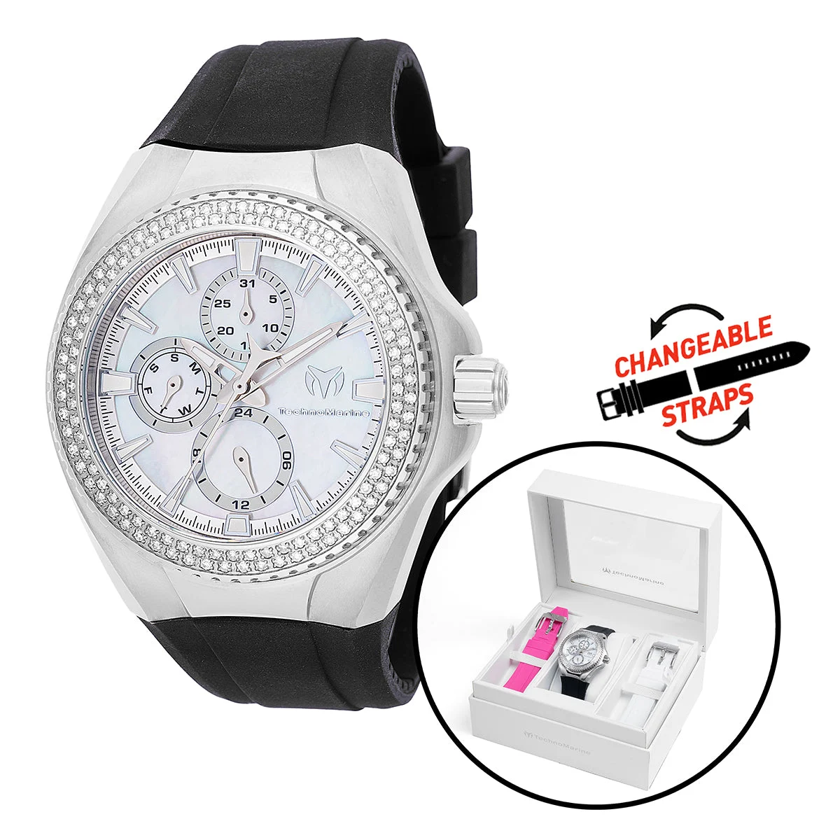 Technomarine Cruise California 0.5 Carat Diamond Watch w/ Mother of Pearl Dial - 40.57mm, Black, White, Red with Interchangeable Strap (TM-124026) kol saati