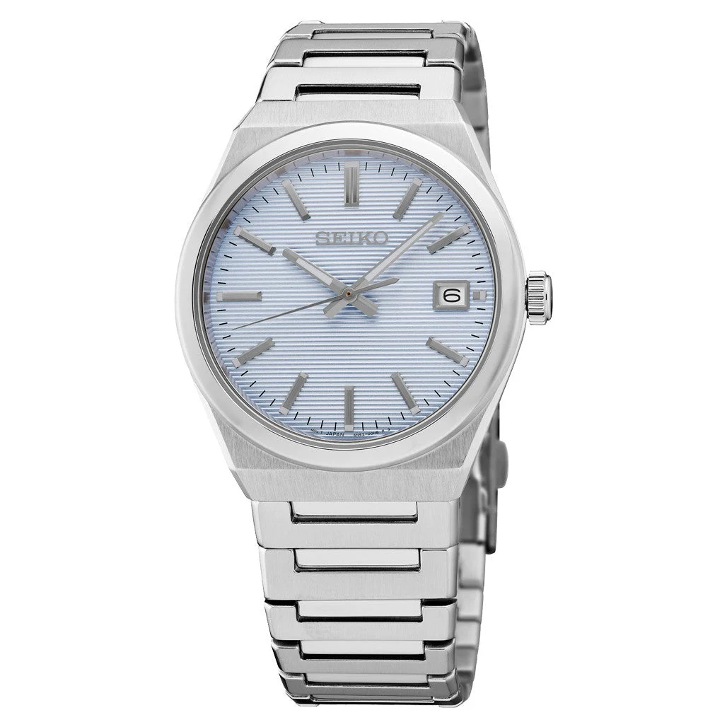 Seiko Essentials Watch with Light Blue Striped Dial #SUR599 38.5 mm kol saati