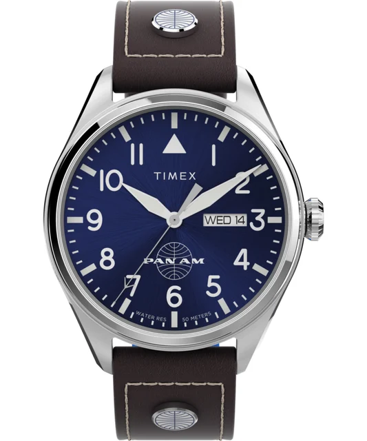 Timex Pan Am x Day-Date 42mm Leather Strap Watch TWG030100 kol saati