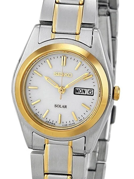 Seiko Two-Tone Solar Dress Watch with White Dial, Goltone Hands and Markers #SUT108 kol sa