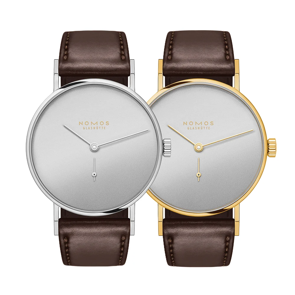 NOMOS Glashütte Twice Unique "Now" Tangente Steel and Gold 33mm - Silver on Leather Strap 123104TU5 33 mm kol saati