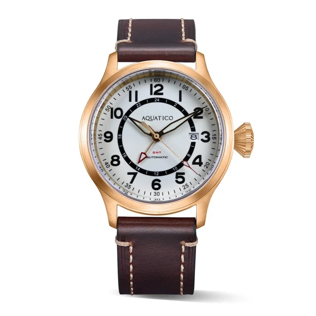 AQUATICO Bronze Horizon Hawk GMT Full Lume White Dial kol saati
