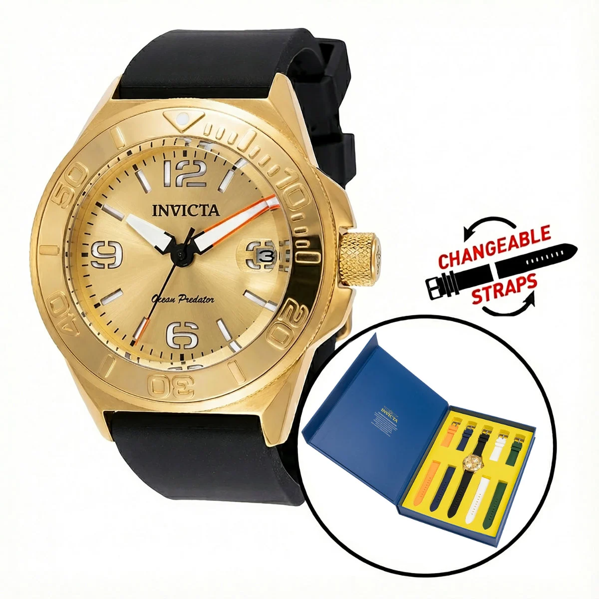 Invicta OCEAN PREDATOR Watch - 43mm, Green, Orange, White, Blue, Black with Interchangeable Strap (49473) 43 mm kol saati