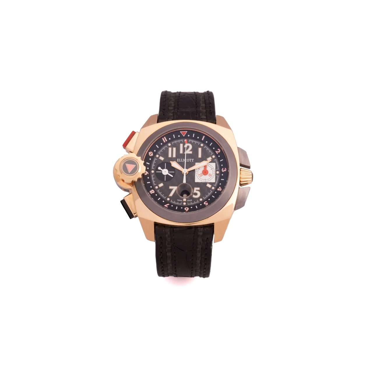 Ellicott 1738 ELLICOTT 1738 REF. E.MO.1, OVERSIZE, SELF-WINDING, CHRONOGRAPH, MINUTE COUNTER, DATE, BLACK TEXTURED DIAL, NUMBERED EDITION; “MACH ONE”; 18K PINK GOLD AND TANTALUM kol saati