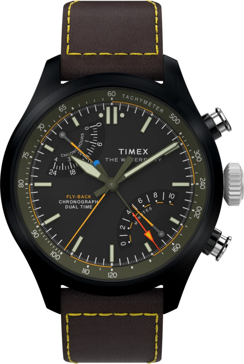 Timex Waterbury Ace Fly-Back Chronograph 43mm Leather Strap Watch TW2Y70100VQ 43 mm kol saati