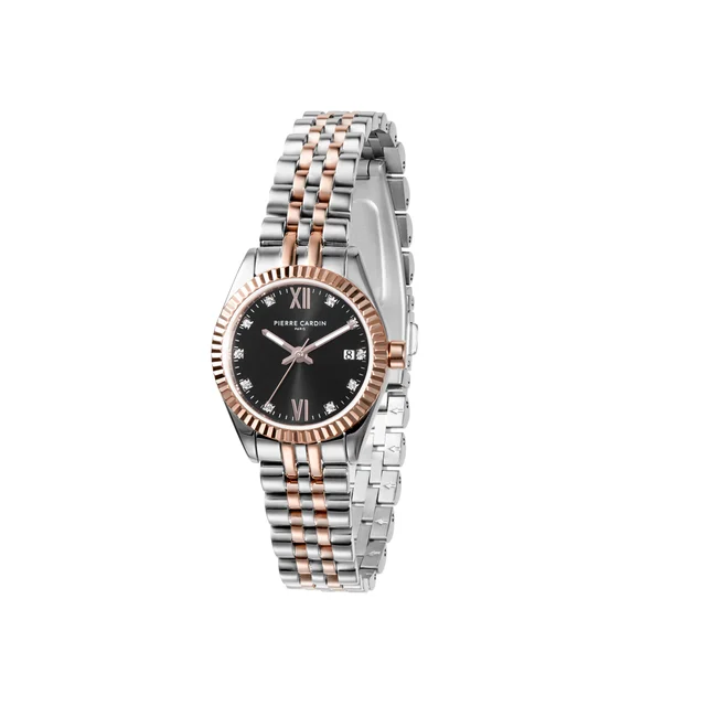 OPERA PLISSÉ Opera Two Tone Rose Gold and Stainless Steel Date Watch with Fluted Bezel and