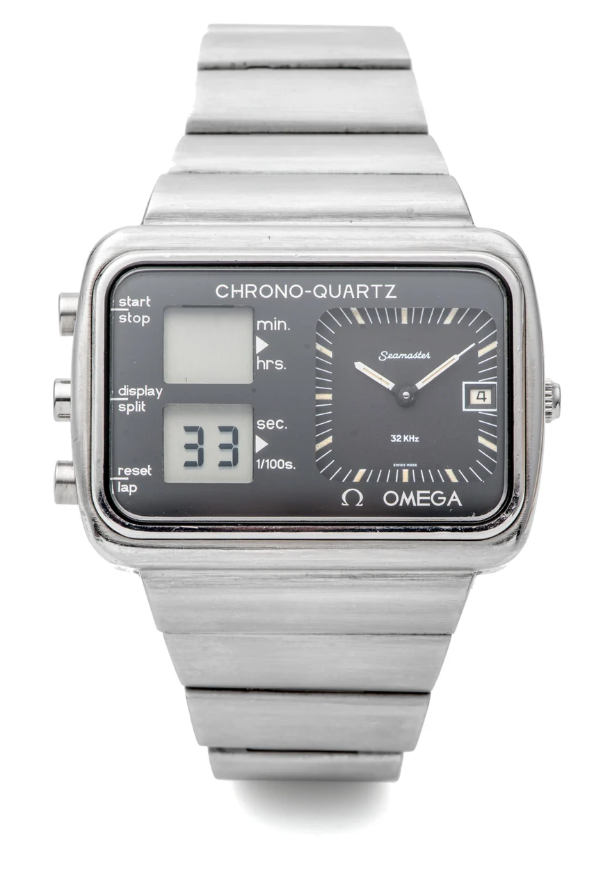 OMEGA Ref. ST 196.0052 / 396.0839, quartz, analogue and electronic LCD digital, date, multifunction; “Chrono-Quartz” “Montreal Olympic” “Seamaster”; stainless steel kol saati