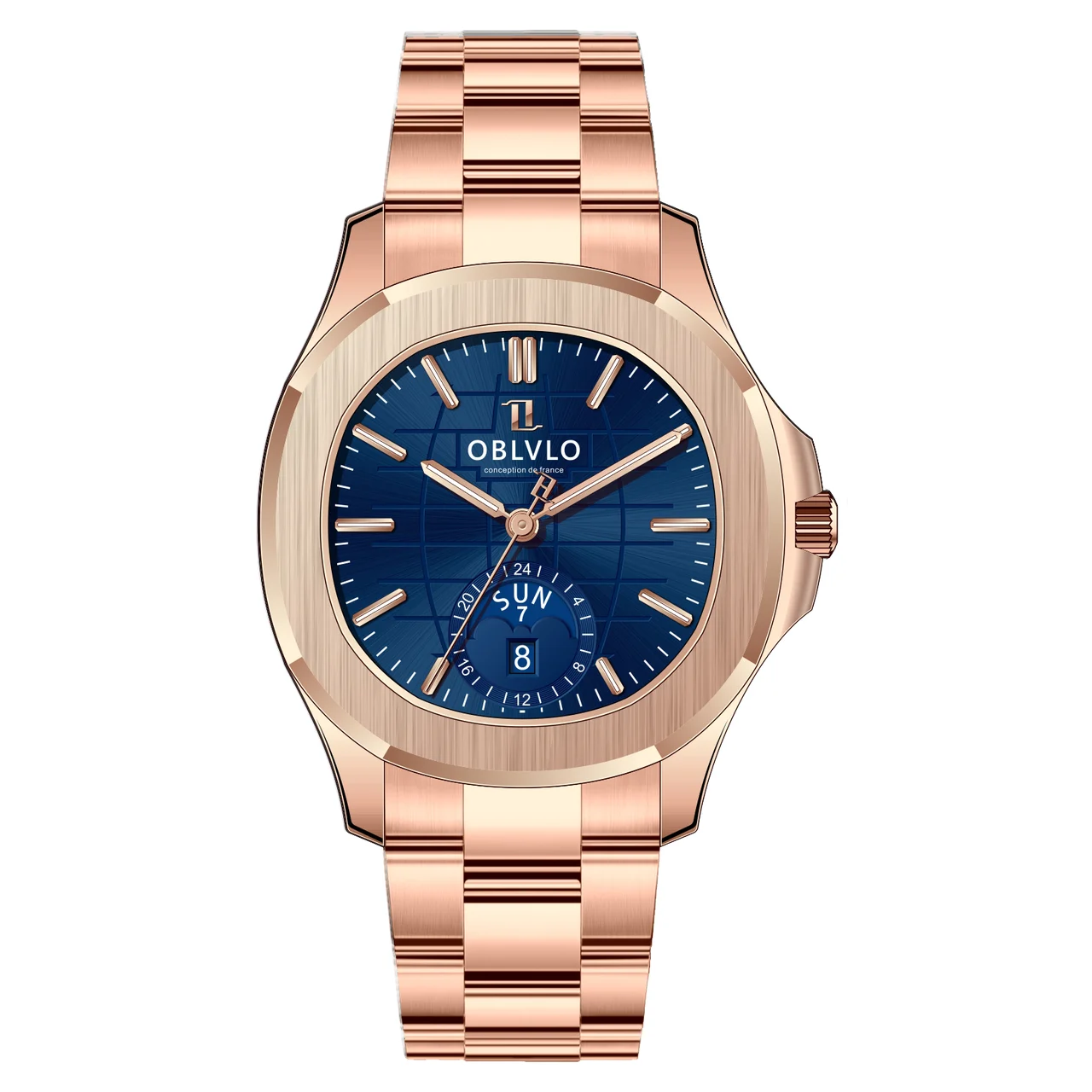 OBLVLO Gold Steel Strap,Rose Gold Bezel,Blue Di FM Series,39mm,Rose Gold Steel Strap,Rose Gold Bezel,Blue Di 39 mm kol saati