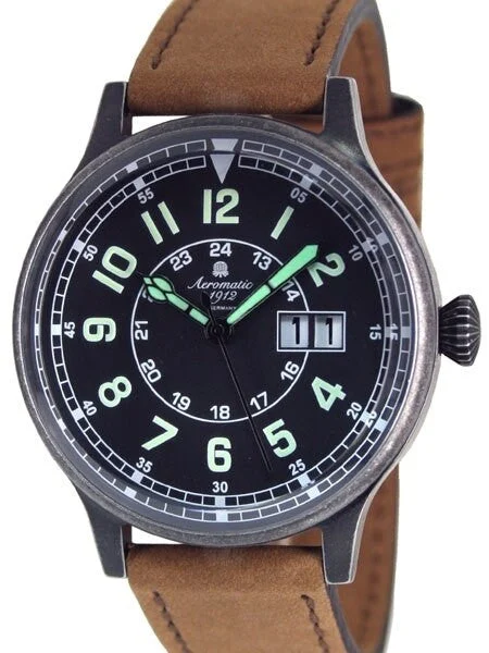 Aeromatic Retro Styled Aviator Quartz Watch, Aged Patina Case #A1254B 43 mm kol saati