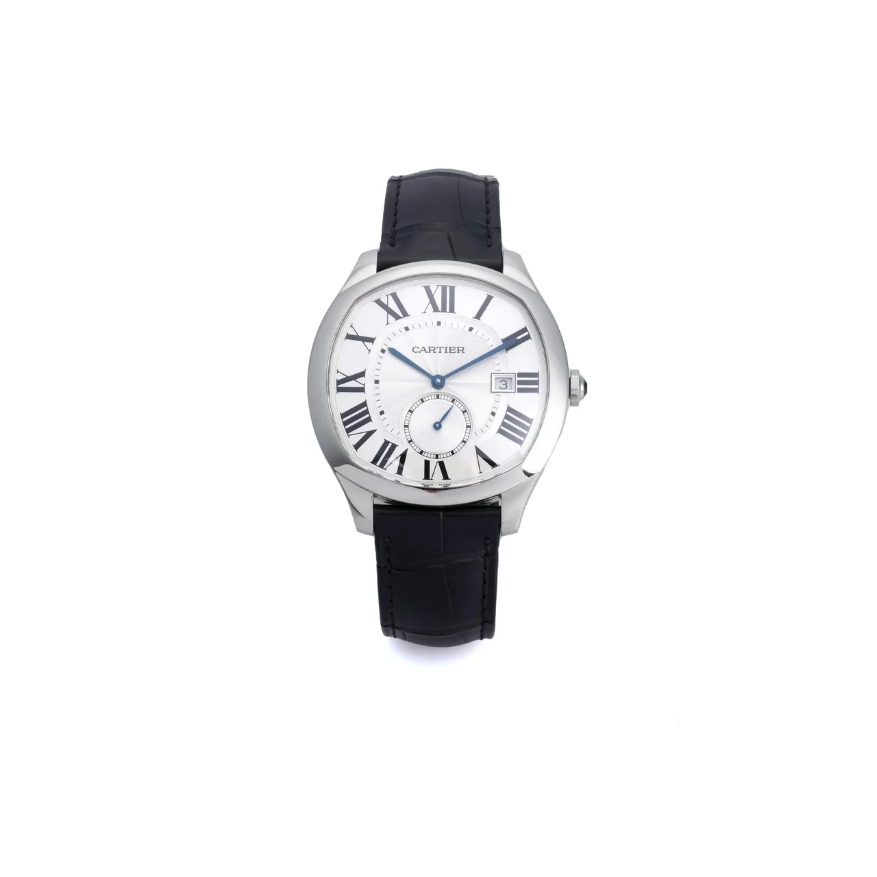 Cartier Ref. 3930, self-winding, date, silver guilloché (engine-turned) dial; “Drive”; stainless steel kol saati