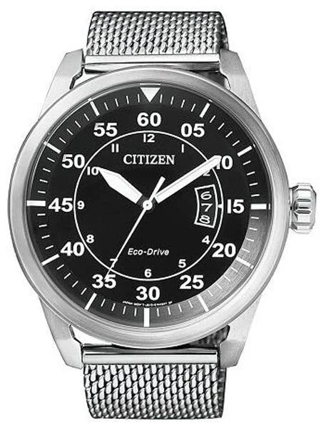 Citizen Eco-Drive Black Dial Pilot Watch with Mesh Bracelet #AW1360-55E 45 mm kol saati