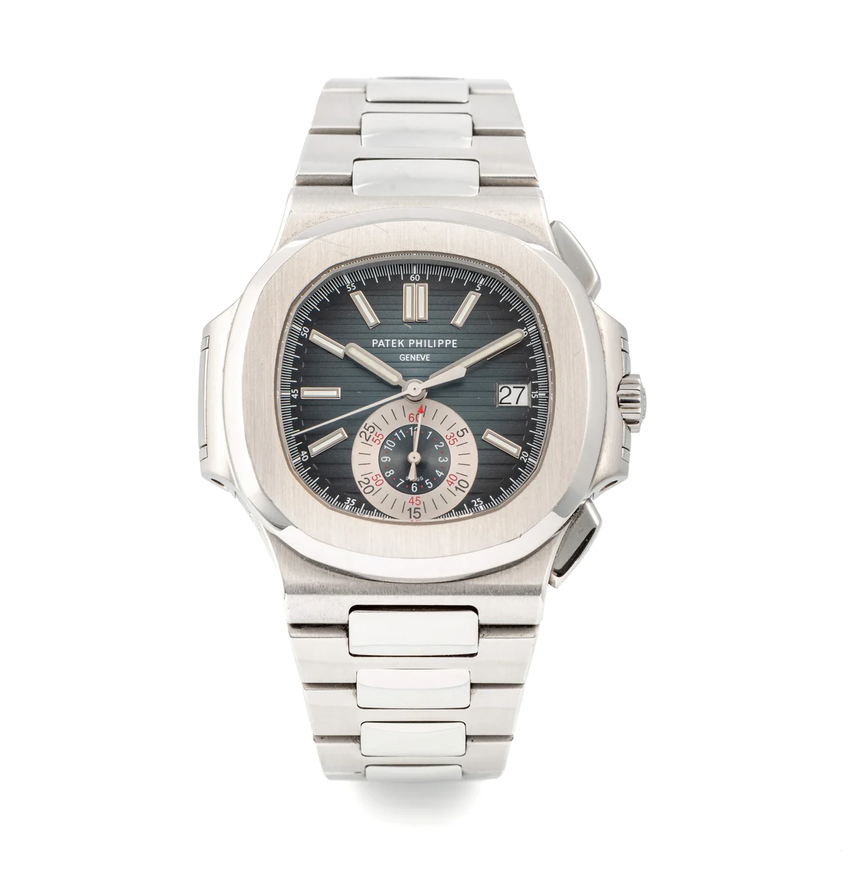 Patek Philippe Ref. 5980 1A-001, large, self-winding, fly-back chronograph, coaxial minute and hour counters, date; “Nautilus”; stainless steel kol saati