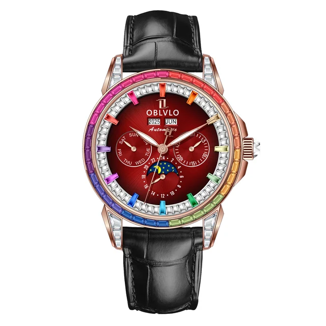 OBLVLO GCM Series,41mm,Leather Strap ,Diamond Bezel, Red Dial GCM-M kol saati