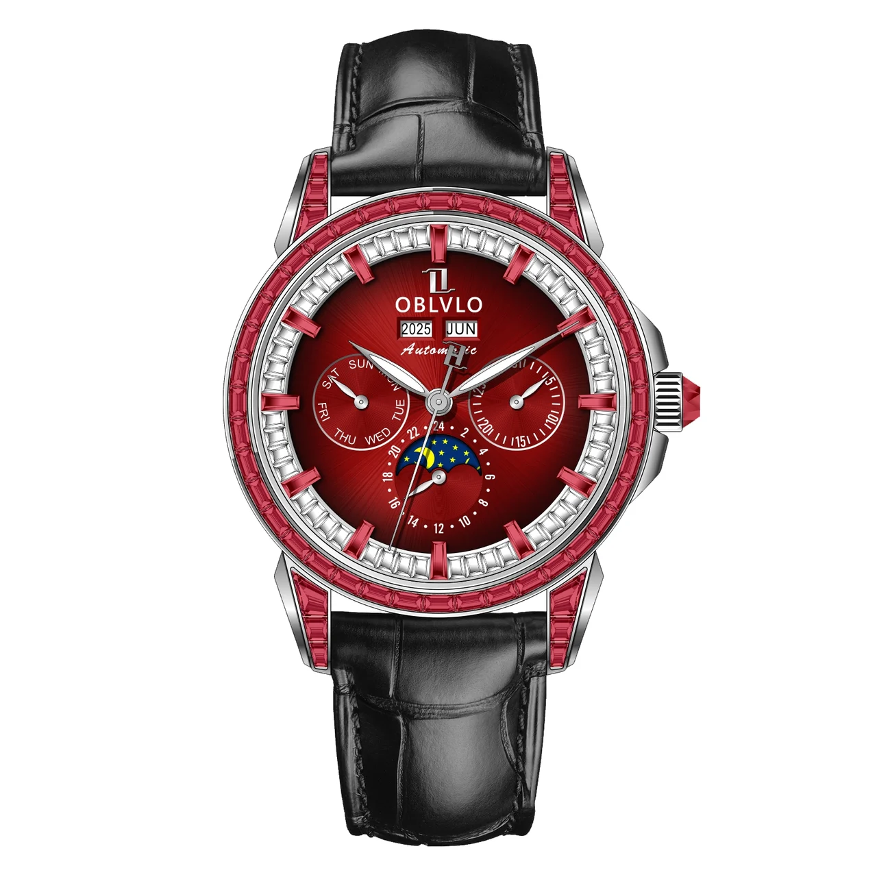 OBLVLO GCM Series,41mm,Black Leather Strap ,Diamond Bezel, Red Dial 41 mm kol saati