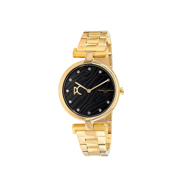 MADELEINE Patterned Black Dial Gold Metal Link Band Watch CMD.3547 kol saati