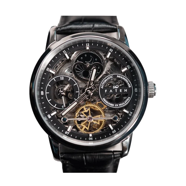 Fatehwatches Automatic Moonphase Skeleton Strata Silver Black kol saati