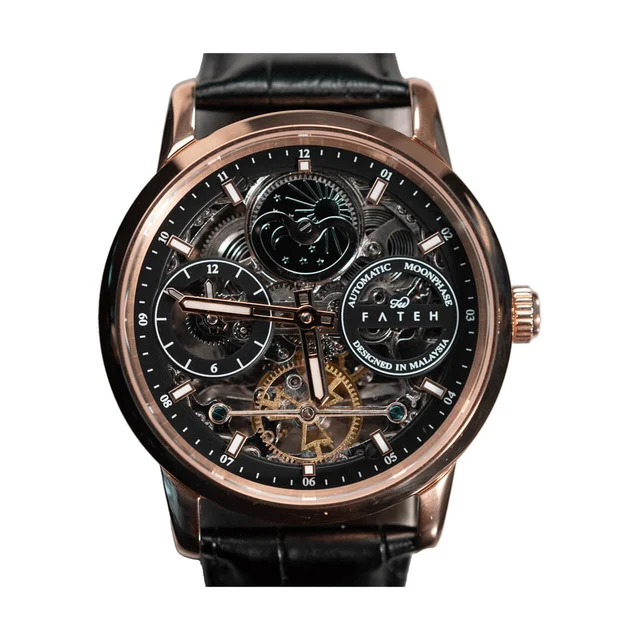 Fatehwatches Automatic Moonphase Skeleton Strata Rose Gold Black kol saati