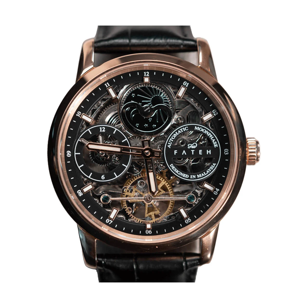 Fatehwatches Automatic Moonphase Skeleton Strata Rose Gold Black 42 mm kol saati