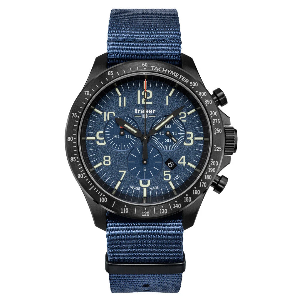 Traser Officer Pro Chronograph Blue Tritium Watch #109461 kol saati