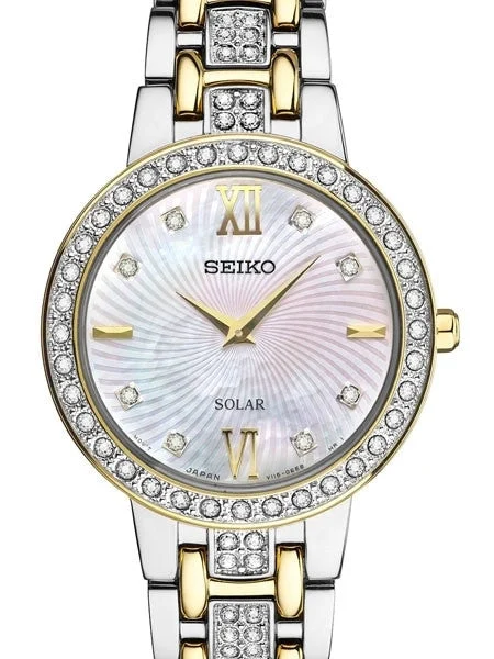 Seiko Solar Dress Watch with Swarovski Crystals, Mother of Pearl Dial #SUP360 28 mm kol saati