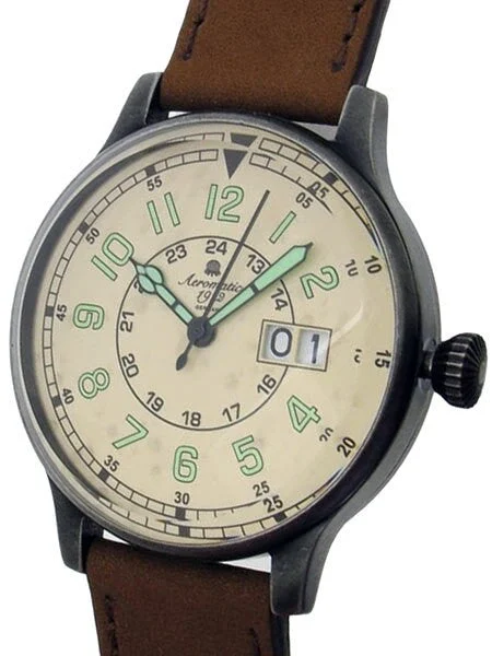 Aeromatic Retro Styled Aviator Quartz Watch, Aged Patina Case #A1254 kol saati