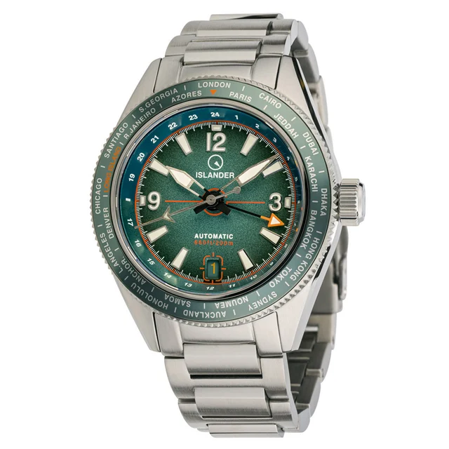 Islander Calabro GMT World Time Automatic Watch with Green Dial #ISL-193 kol saati