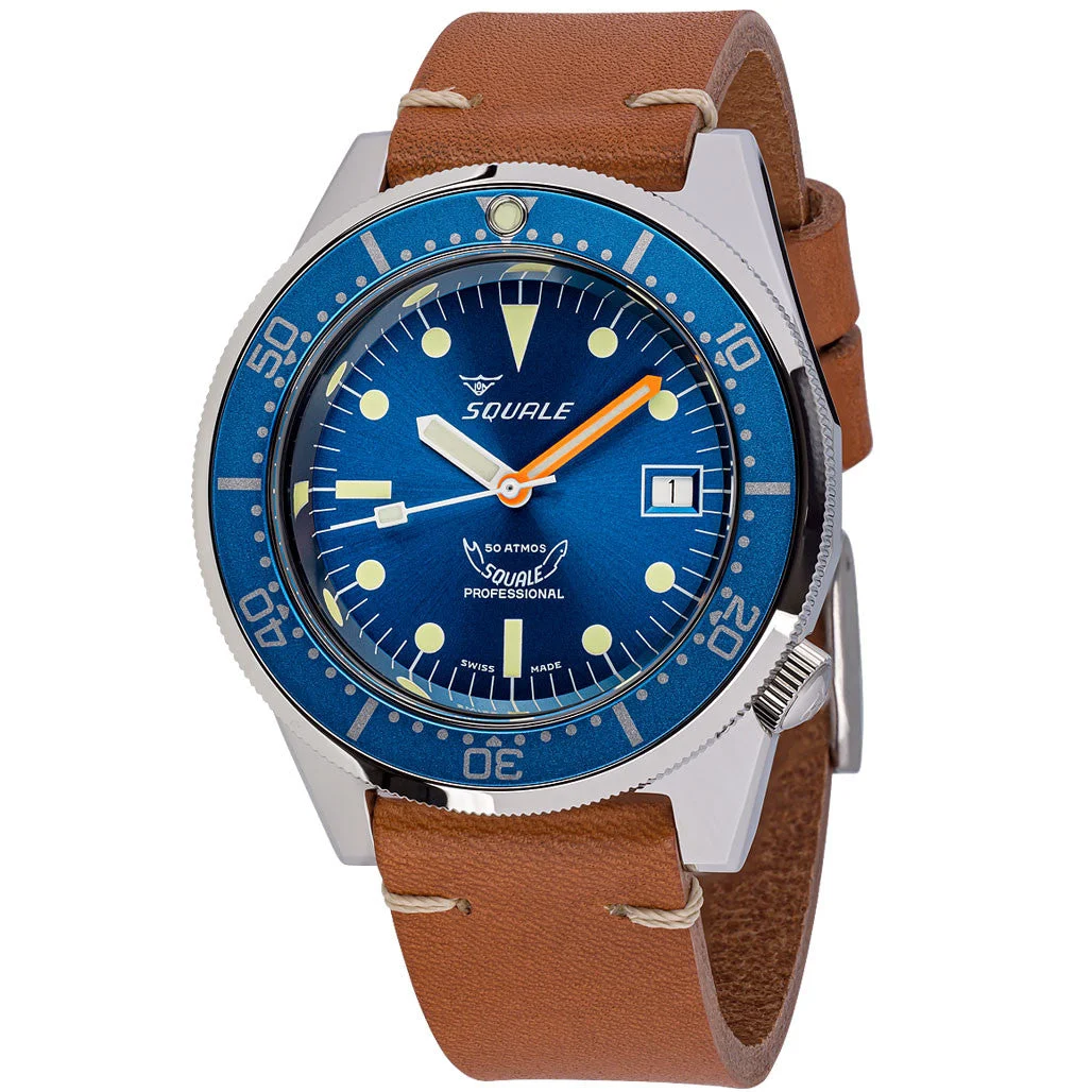 Squale Polished Swiss Made Automatic Dive Watch with Sunburst Blue Dial #1521-026-BLR 42 mm kol saati