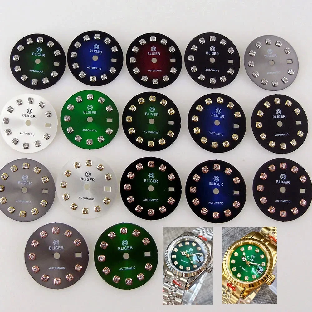 Tandorio Dial Face fit NH05 NH06 NH07 Watch Movt 20.5mm Sunburst Watch Dial with Rhinestone Markers for 26mm Watch Parts Mod 14:200000080#logo-blue C 26 mm kol saati