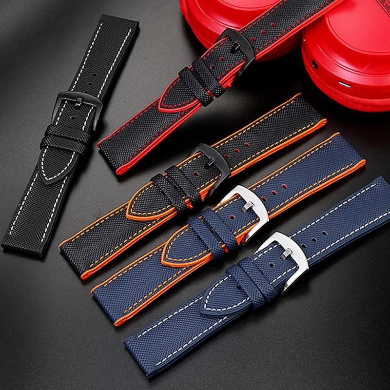 Watchdives Breathable Rubber Canvas Watch Strap 8006-蓝橘-20mm-钢色针扣-35 kol saati