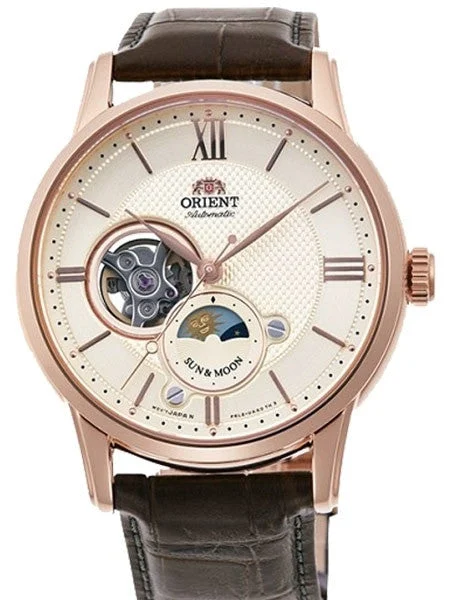 Orient Open-Heart Sun and Moon Automatic Watch with Hand Winding #RA-AS0003S10A kol saati