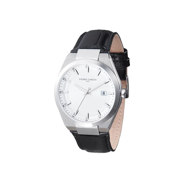 Batignolles Robust Stainless Steel watch with Silver White Dial and Black Leather Strap CM
