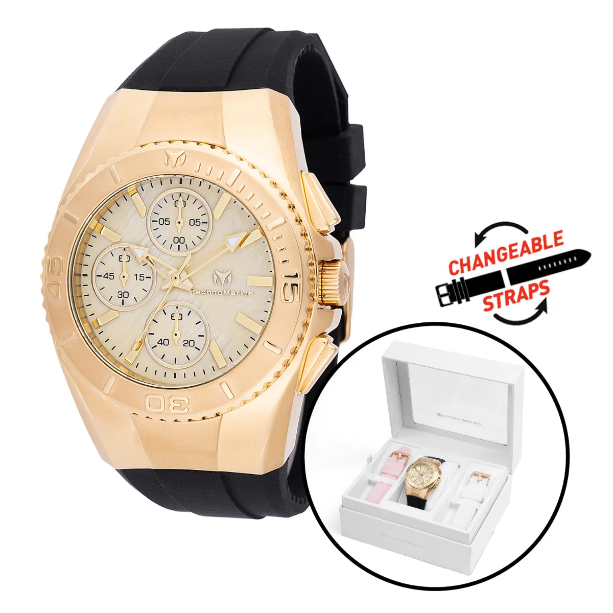 Technomarine Cruise Original Watch w/ Mother of Pearl Dial - 38mm, Black, White, Pink with Interchangeable Strap (ZG-TM-124035) 38 mm kol saati