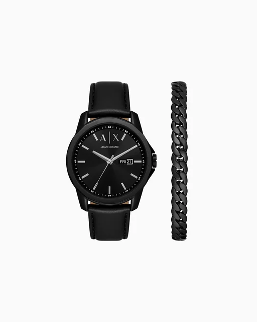 Armani Exchange Black leather watch with three-hand date display and black stainless steel