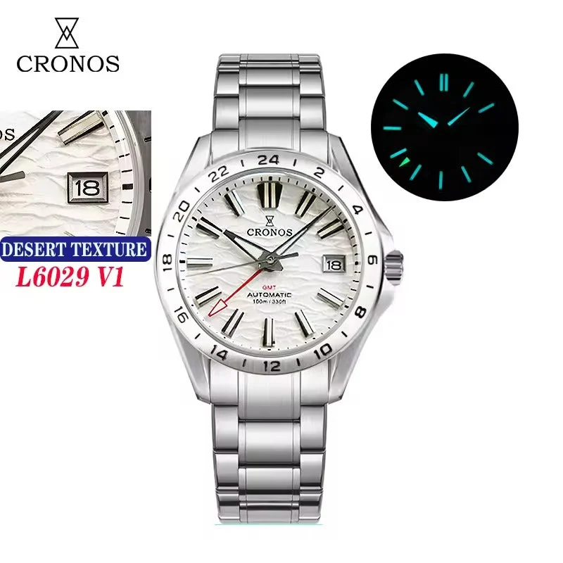 Cronos Watch Store Cronos 39mm GMT NH34 Mechanical Men Watch L6029 V2 克诺时-L6029V2-桦树纹-白面-钢带 39 mm kol saati