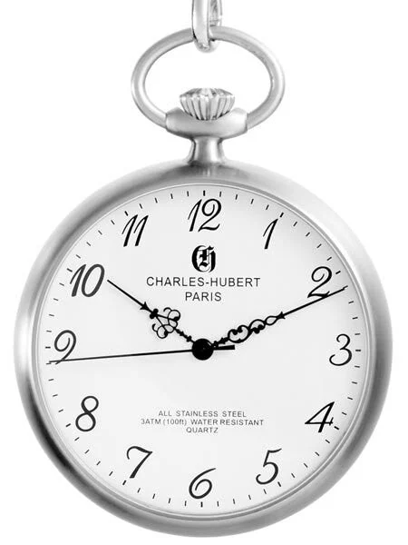 Charles Hubert Paris Charles-Hubert Quartz Pocket Watch with White Dial and Silvertone Cha