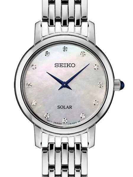 Seiko Solar Dress Watch with with Diamond Hour Markers, Mother of Pearl Dial #SUP397 29.5 mm kol saati