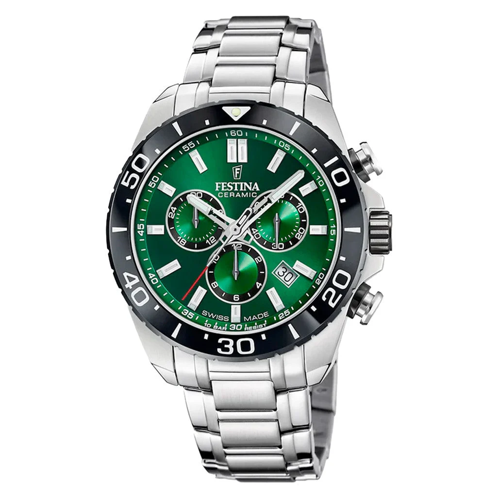 Festina Swiss Made Chronograph with Ceramic Bezel and Green Dial #F20042-3 kol saati