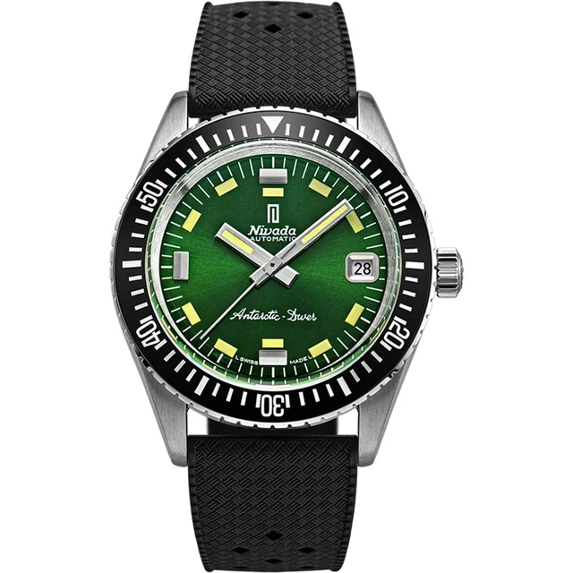 Nivada Grenchen Antarctic Diver Green Date on Rubber Tropic 32053A01 kol saati