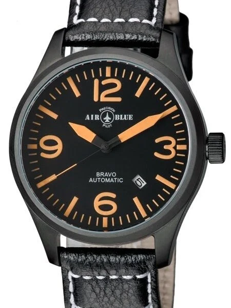 Air Blue Bravo Automatic Pilot Watch with 44mm PVD Case, Sapphire Crystal #BRAVOAUTOPVDBLKORG 44 mm kol saati