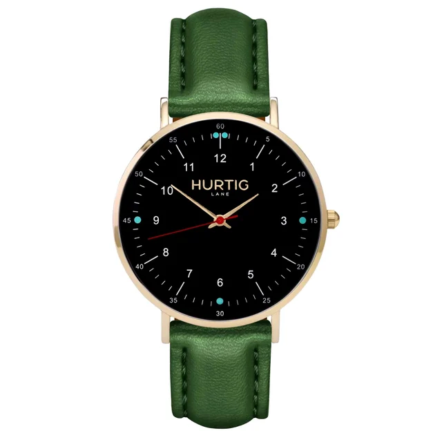 Hurtig Lane Vegan Watches Moderno CACTUS Leather Watch Gold, Black & Green kol saati