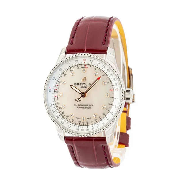 Breitling Navitimer Automatic 35 Mother of Pearl Dial on Burgundy Strap A17395211A1P2 kol