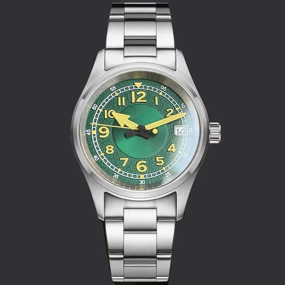 Tandorio Pilot Watch TD191 36mm Super Lume NH35 Sapphire 20Bar Green 14:173#black-sterile-steel;5:5507662240#Solid caseback 36 mm kol saati