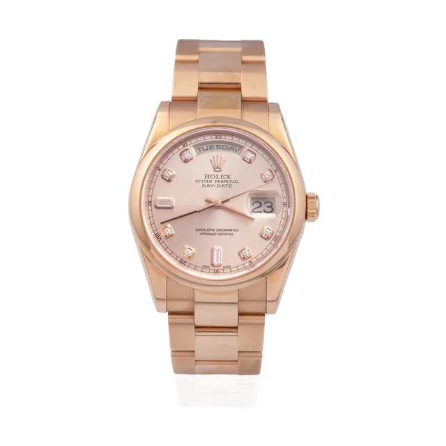 Rolex ROLEX, REF. 118205, DAY-DATE,DIAMOND AND RUBY INDEXES, PINK GOLD kol saati