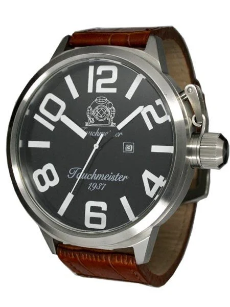 Tauchmeister XXL 57mm Black Dial Military Watch with Crown Protector T0213 kol saati